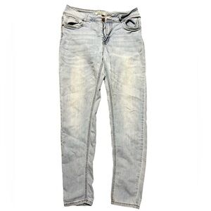 Grey and white straight leg jeans with a relaxed fit